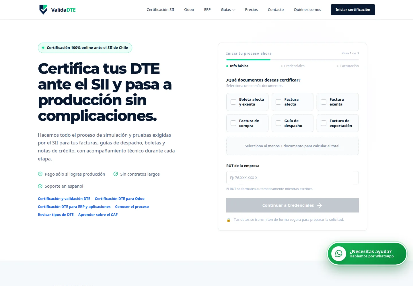 Captura del sitio web de ValidaDTE